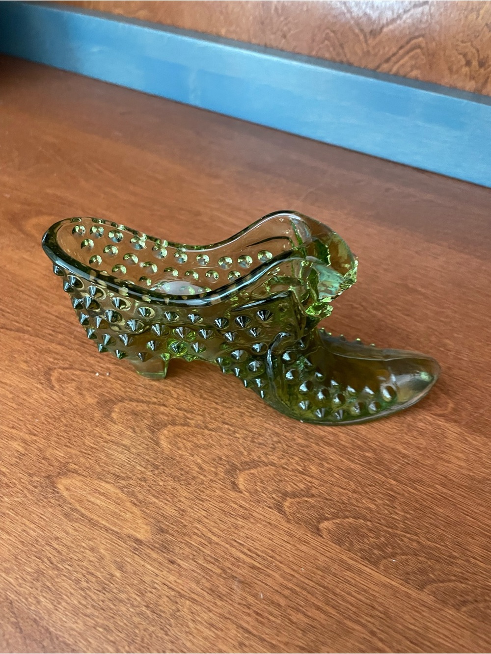Fenton Green Hobnail Glass Shoe Figurine